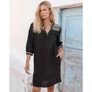 Garnet Hill European Flax Embroidered Dress in Black - Size XS